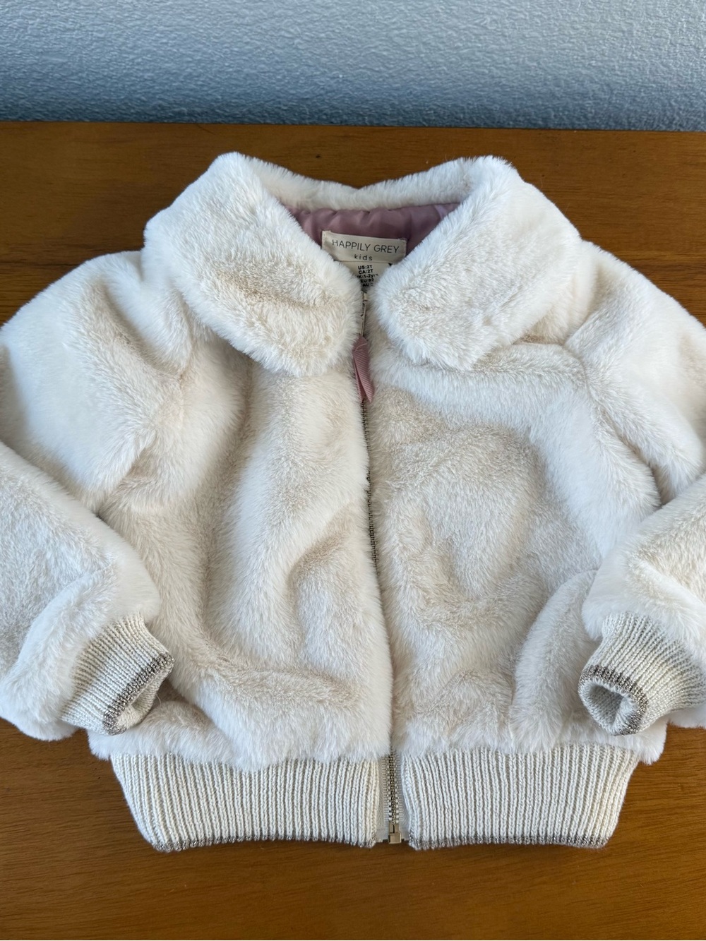 Happyly Grey Cream Faux Fur Bomber Jacket Girl Toddler - size 2T